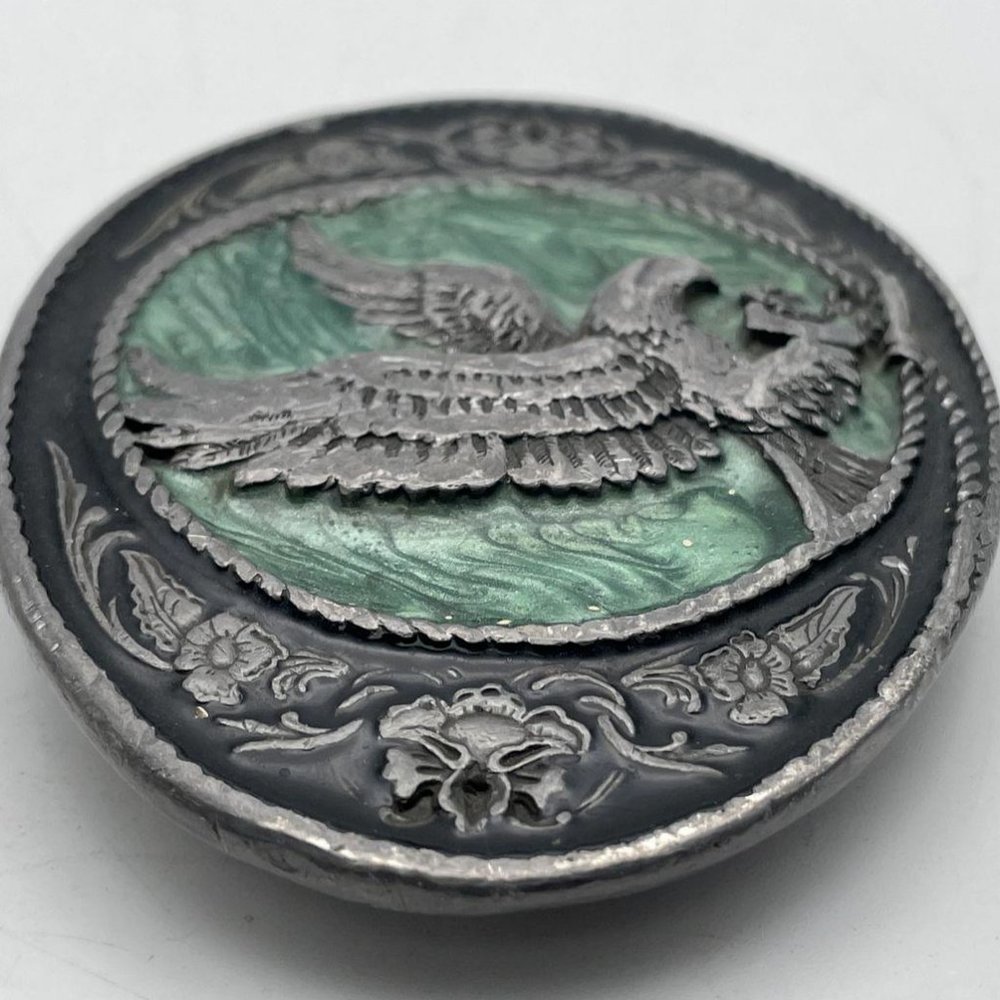 Vintage 1991 Siskiyou Buckle Co. Green Silver Tone & Enamel Eagle Belt Buckle